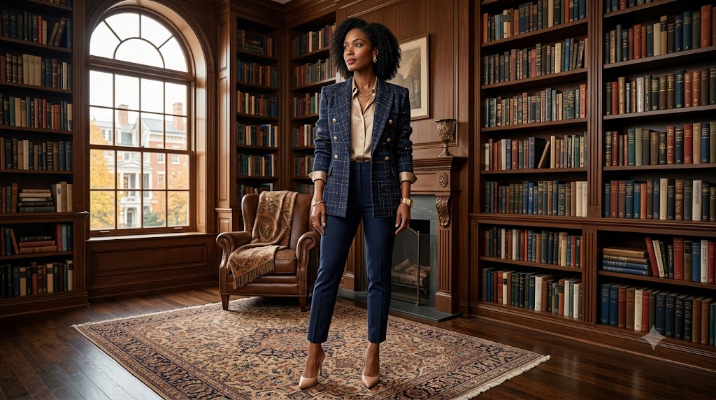Navy Tweed Oversized Blazer & Tailored Cigarette Pants
